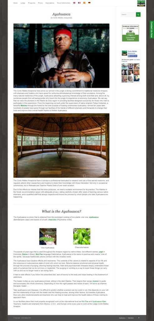 Screenshot der Seite Ayahuasca. Bilder und Text gemischt.
