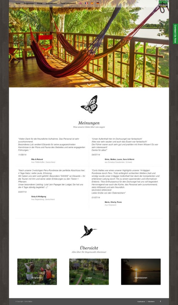 Screenshot der Startseite. Großes Bild einer Hängematte, darunter Reviews, darunter die Bilder der Programme. Dazwischen sind Icons von einem Schmetterling und einem Kolibri.