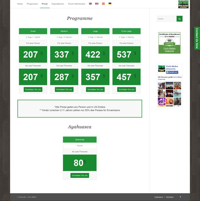 Screenshot der Seite mit den Preistabellen.