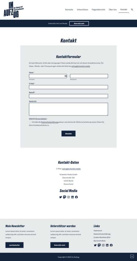 Screenshot der Kontaktseite mit Kontaktformular