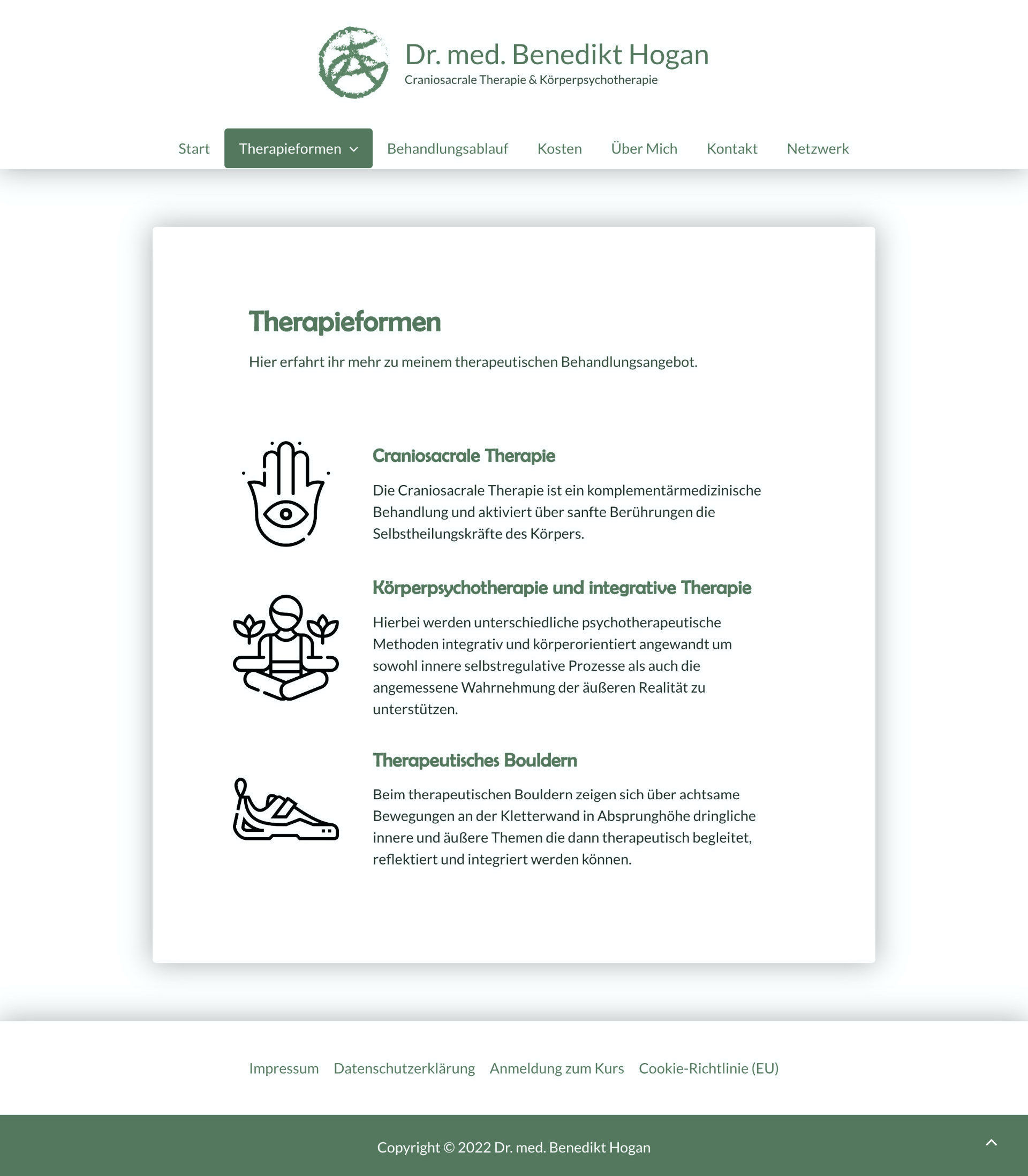 Scrrenshot der Seite "Therapie-Formen. Mit drei Grapiken links und rechts daneben die Titel und Beschriebungstexte.