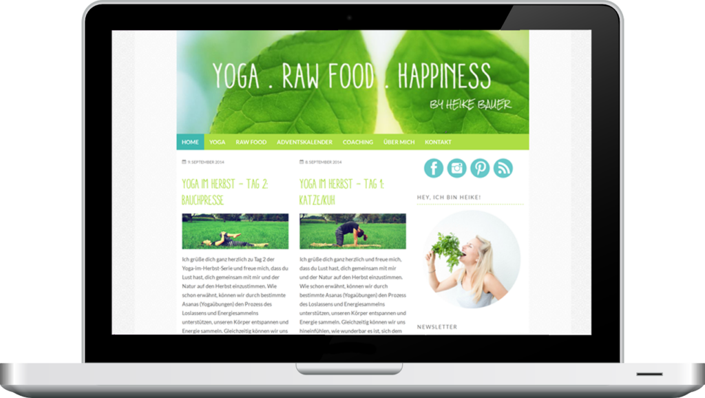 Screenshot der Startseite von Yoga Raw Food Happines in einem Mac-Bildschirm