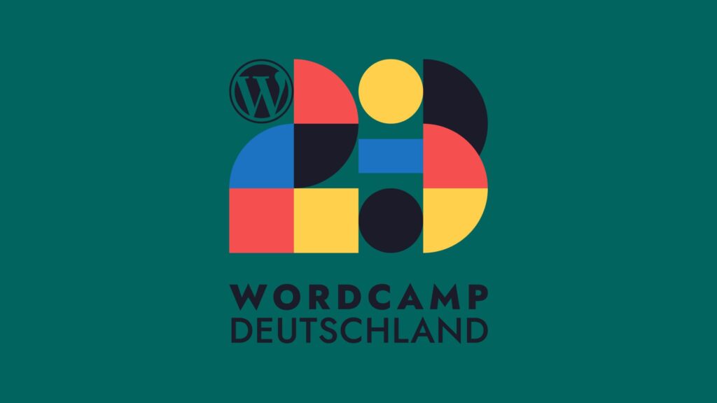 Grüner Hintergrund mit dem Logo vom WordCamp Deutschland. Eine bunte 23