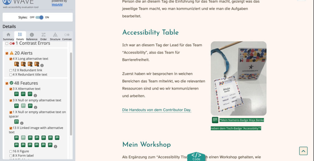 Screenshot von dem Prüftool "Wave" für Alt-Texte