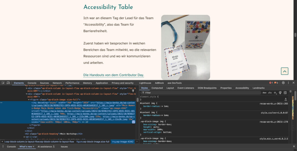 Screenshot von der Entwickler-Konsole in Chrome für Alt-Texte