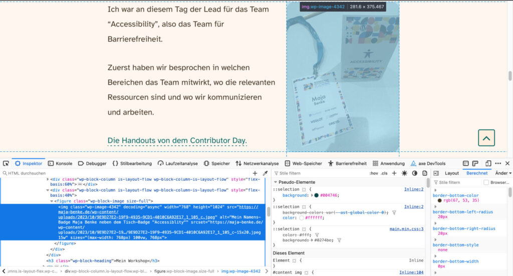 Screenshot von der Entwickler-Konsole in Firefox für Alt-Texte