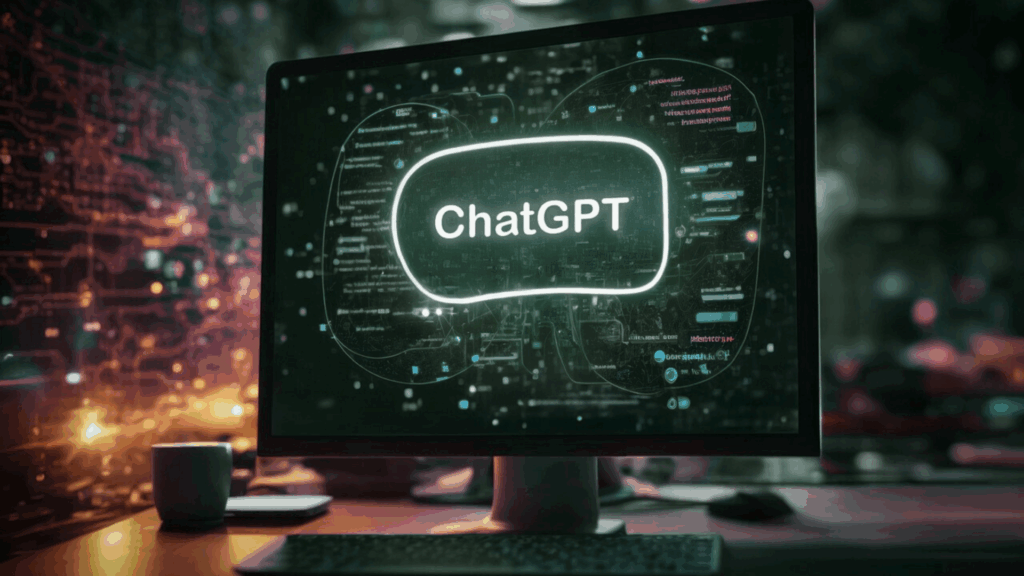 Bildschirm mit dem Text "ChatGPT" auf dem Monitor und ein futuristischer Hintergrund